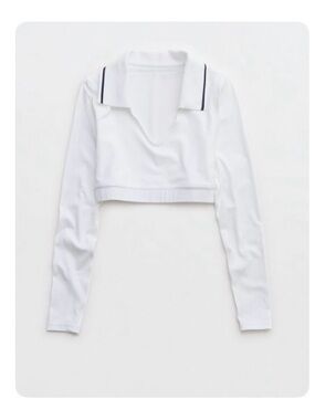 Aerie Cropped Long-Sleeve Polo Top in White BNWT